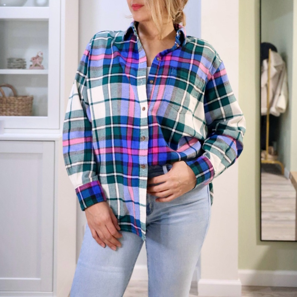 Gap Flannel Big Shirt in Green Multi Plaid